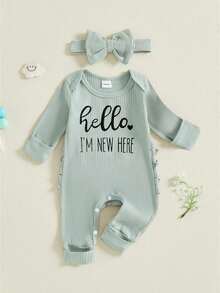 Newborn Baby Girls Rompers Knit Round Neck Long Sleeve Infant Fall Jumpsuits With Headband Coming Home Outfit - 綠色 - 查看 1
