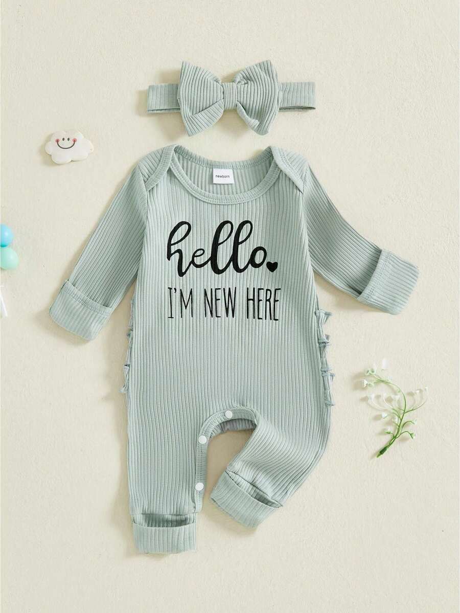Newborn Baby Girls Rompers Knit Round Neck Long Sleeve Infant Fall Jumpsuits With Headband Coming Home Outfit - 綠色 - 查看 1