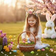 Diadema de Pascua con flores y orejas de conejo, accesorios para el cabello de Pascua para niñas, decoraciones para fiestas, lindo diseño de orejas de conejo y flores pastel, tela suave, ideal para la búsqueda de huevos de Pascua, disfraces de fiesta y accesorios para el cabello del Festival de Primavera. - Caqui - Ver 1