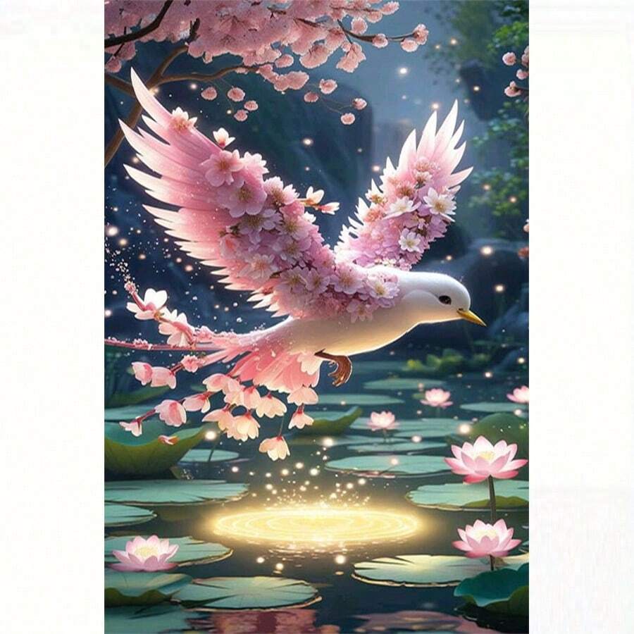 1套5D DIY钻石画套装 - 梦幻粉色樱花鸟钻石画，荷塘风景装饰钻石画，手工DIY钻石画，适用于客厅卧室、圣诞装饰 - 彩色 - 查看 1