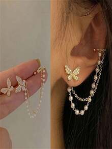 1 Pair Minimalist Asymmetrical Faux Pearl Chain Tassel Butterfly Micro-Crystal Earrings & Ear Clips Set, Suitable For Dates, Parties, Christmas Gifts - 耳環 - 查看 4