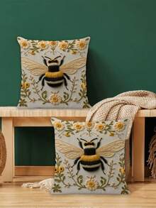 2Pcs Imitation Embroidery Laughing Goat Bee Flower Bigfoot Forest Full Moon Pattern Pillow Cover Farmhouse Pillow Cover Decoration Home Square Sofa Living Room Bedroom Bed Sofa Chair Cushion Cover Universal For All Seasons (No Filling) - Multicolor - View 3