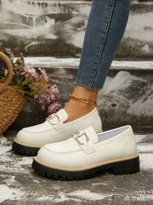 Women's New Solid Color Punk Business Preppy Casual PU Leather Pure Metal College Home Flats, Suitable For All Seasons - White - View 2