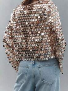 Women's Y2k Round Sequin Tops Oversized Sheer Mesh Base Loose Silhouette Crew Neck Long Sleeve Blouse Retro Glitter Party Nightclub Aesthetic Clothes - 卡其色 - 查看 2
