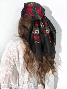 1pc Women's Elegant Black Fashion Gold Rose Print Non-Slip Headscarf, Multifunctional Square Scarf, Suitable As Holiday Gift Bandana - Black - View 1