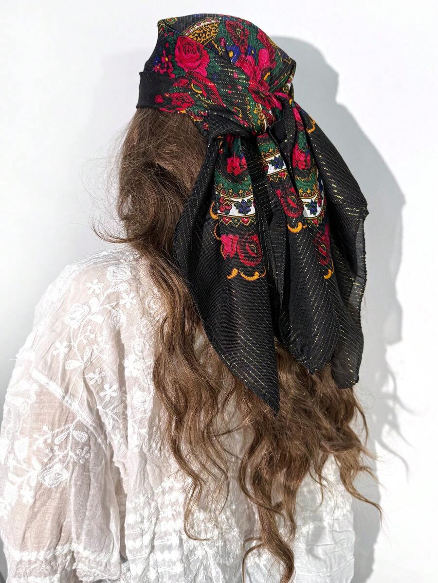 1pc Women's Elegant Black Fashion Gold Rose Print Non-Slip Headscarf, Multifunctional Square Scarf, Suitable As Holiday Gift Bandana - Black - View 1