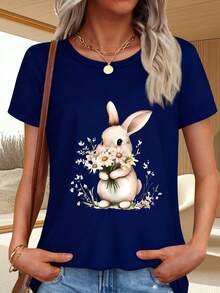 Camiseta de  con Estampado de Conejo Sosteniendo Flores Primaverales para Ocasiones Casuales y Festivas - Azul Marino - Ver 6
