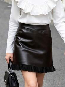 Girls' Summer Skirt, Fashion PU Leather Soft Mesh Ruffle Elegant Versatile Black Classic Style Sexy Girl Skirt - Black - View 2