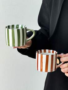 1pc Classic Striped Ceramic Cup, Minimalist Vertical Striped Coffee Mug, Household Water Cup, Niche Design High-Quality Mug, Medium Coffee Cup, Tea Cup, Household Water Cup, Gift, Birthday, Household Latte Cup - Multicolor - View 5