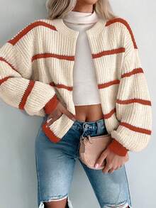 Women's Color-Block Striped Top, Round-Neck Long-Sleeved Button-Up Cardigan Sweater, Casual Streetwear, Suitable For All Seasons And Highly Popular For, Women's Outwear, Women's Office, Women's Cardigan,Christmas For Women,Thanksgiving For Women.
