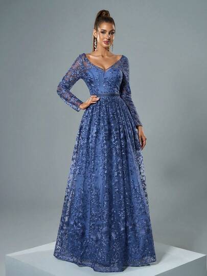Mgiacy Blue Floral Lace V-Neck Long Sleeve A-Line Tulle Maxi Dress, Elegant Women's Summer Wedding, Ball, Evening, Party And Holiday Outfit