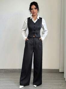 女士休闲/正式两件套：条纹单排扣马甲和长裤，适合通勤、秋季毕业典礼、返校季、教师冬季服装 - 黑灰條紋 - 查看 1