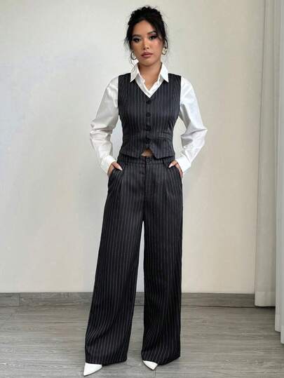Women's Casual/Formal 2-Piece Set: Striped Single-Breasted Vest And Pants, Suitable For Commuting, Autumn Graduation Ceremony, Back To School Season, Teachers Winter Outfit