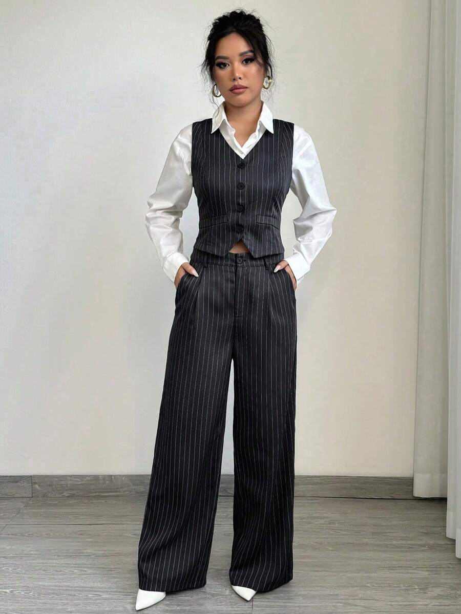 女士休闲/正式两件套：条纹单排扣马甲和长裤，适合通勤、秋季毕业典礼、返校季、教师冬季服装 - 黑灰條紋 - 查看 1