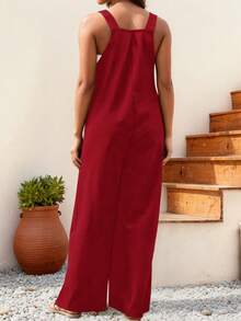 大码女式褶裥阔腿休闲连体裤，带口袋，红色，适合中国新年春季穿着 - 紅色 - 查看 5