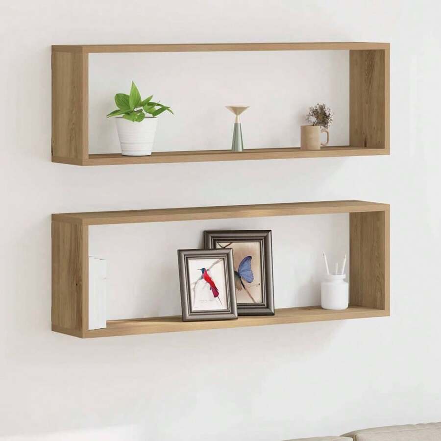 Mensola da parete vidaXL con contenitore, set da 2 pezzi, rovere lavorato a mano, 80 x 15 x 26 cm - Multicolore - Visualizzare 1