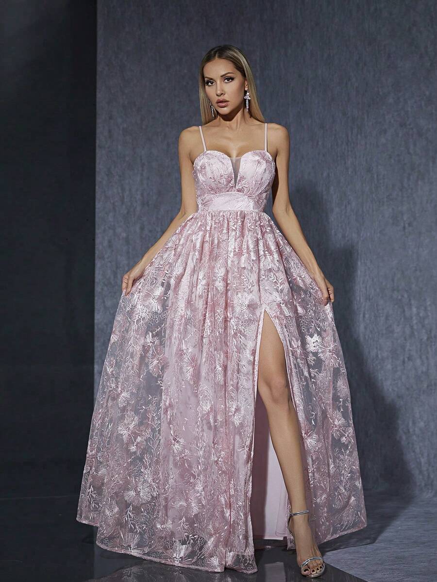 缎面吊带刺绣蕾丝晚礼服 - 粉色 - 查看 1