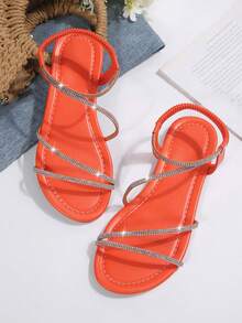 Giày sandal đế bằng hở mũi tối giản đính đá lấp lánh, quai chéo, kiểu dáng thường ngày, mới nhất mùa hè dành cho nữ. - trái cam - Xem 7