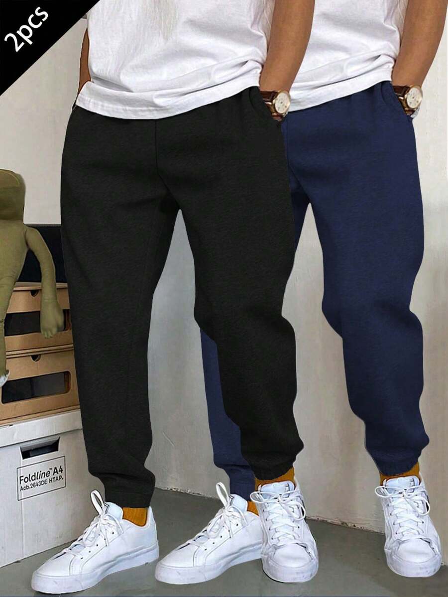 2件組 青少年男款休閒運動防皺保暖內裡慢跑長褲,適合春/秋/冬 - 彩色 - 查看 1