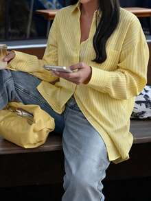 Look Polly 女士夏季 Y2K 条纹长袖衬衫，奶油黄单排扣休闲时尚，沙滩风，带口袋设计，返校季，复古风可爱教师衬衫，宽松纽扣衬衫，教师，情人节音乐会时尚衬衫，春季 - 黃色 - 查看 2