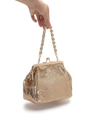 1个闪亮金色亮片和水钻装饰链条手拿包，优雅风格，适合女士派对、正式场合、婚礼宾客、新娘配饰、母亲节、新年礼物