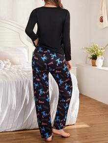 缝线图案印花长袖卡通字母睡衣套装，黑色