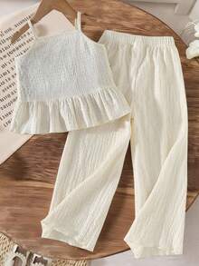 少女草莓针织图案荷叶边吊带背心搭配阔腿裤，时尚休闲装扮 - 杏色 - 查看 2