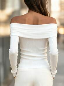 Ivory White Off-Shoulder Long Sleeve Knit Sweater Top | Fitted Inner Layer With Warmth And Elasticity | Minimalist Zipper Design Multi-Functional Layering Piece | Suitable For Office, Commute, Urban Casual, Autumn/Winter Wardrobe Summer - White - View 3