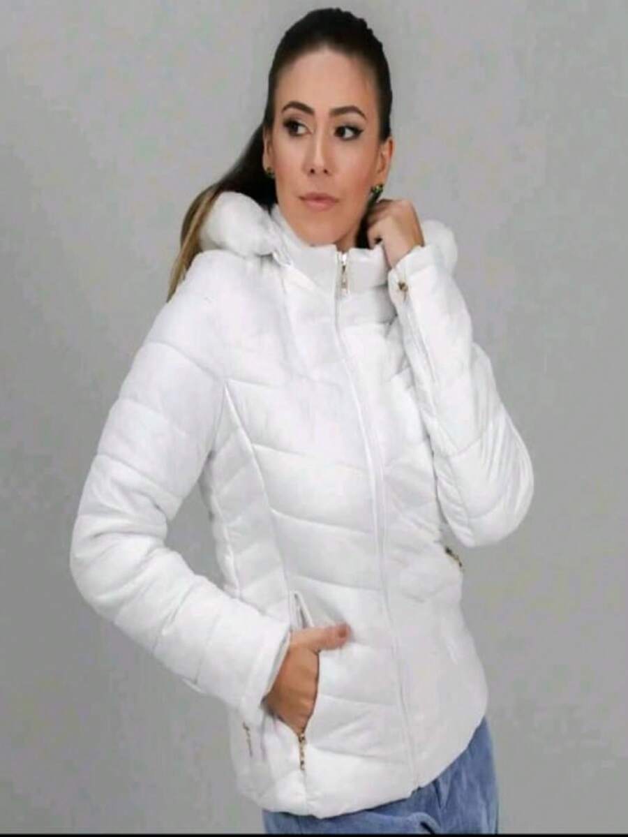 Waterproof Puffer Jacket - Black and White - View 1