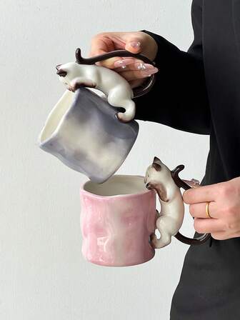 1 st handgjord 3D siamesisk katt keramikmugg, keramiskt material, söt parmugg, kreativ och unik frukost-/te-/kaffekopp, perfekt födelsedags- och högtidspresent, perfekt för hemmabruk, rolig kopp för honom