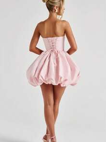 Women's Strapless Tube Top Bubble Mini Dress Ruched Large Bow Back Train Mini Dresses A-Line Going Out Formal Party Birthday Graduation Dresses Prom Gala Evening Party Cocktail Vacation Outfits - 粉色 - 查看 3