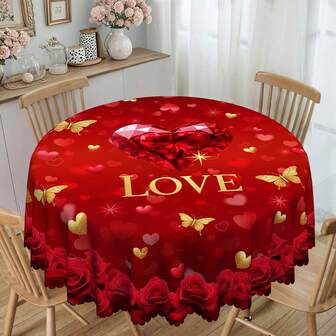 1 pieza Mantel con tema del Día de San Valentín, color principal rojo + patrón de corazones + rosas, cálido y romántico - Tela de poliéster duradera - Adecuado para mesas rectangulares o redondas, ideal para cena de San Valentín, boda, aniversario, fiesta o decoración diaria del hogar