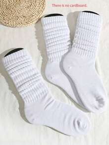 1 Pair Of Pure White Women's Plush Mid Tube Socks(Without Sock Card)