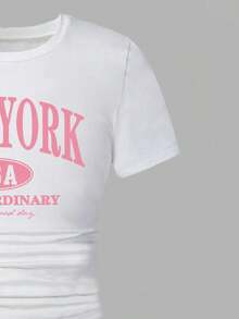 Tween Girl Letter Graphic Print Round Neck Short Sleeve Top And Denim Long Pants - White - View 4