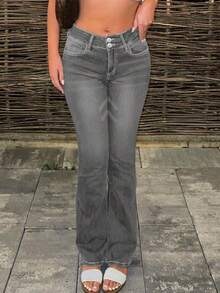 时尚优雅简约女式双排扣修身喇叭牛仔裤，修身 - 淺灰色 - 查看 2