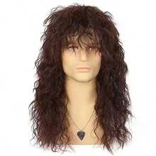 1 件 70 年代 80 年代摇滚朋克男士假发，耐热长卷发，透气网帽，适合主题派对、音乐节、万圣节和角色扮演（黑色，复古摇滚明星合成头发）长波浪黑色摇滚风格假发 - 高温纤维，水波卷曲 - 彩色 - 查看 10