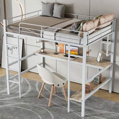 90x200cm Bettgestell Metallbett, Eisenbett Mit Schreibtisch, Hochbett Mit Vier Kleinen Regalen Und Einem Großen Bücherregal Für Kinder, Jugendliche Und Erwachsene, Weiß