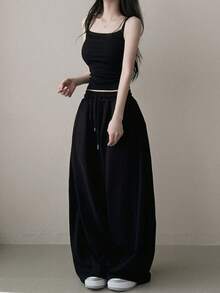 舒适百搭印花休闲阔腿裤 - 黑色 - 查看 4