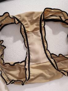 Conjunto de lencería inalámbrica de tono de piel para mujer, conjunto de sujetador y pantie cómodo con ribete de volantes sólido acanalado y sexy - Albaricoque - Ver 11