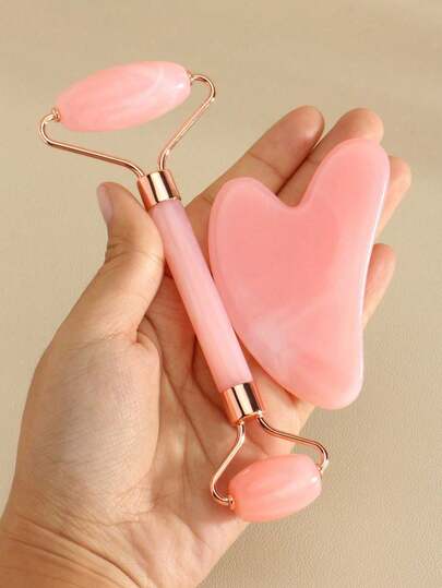 2pc Set Of Pink Facial Gua Sha Massager Tool, Body Massage Roller For Meridians Scraping, Facial Beauty Lifting Massager