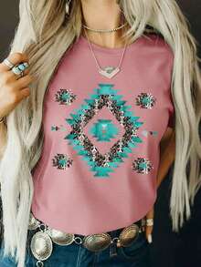 Camiseta Cuello Redondo Manga Corta Estampado Patron Turquesa Mujer - Rosa - Ver 1
