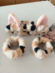 1 pieza/1 set (Diadema - 1 pieza + Muñequera - 2 piezas) Diadema con orejas de gato a lunares y rayas, muñequera multifuncional impermeable para lavarse la cara, maquillaje y cuidado de la piel, decoración del hogar y del baño, decoración de otoño, vuelta al colegio, cabello