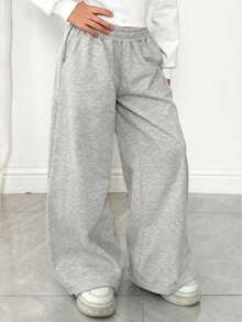 1pc Girls Casual Elastic Waist Loose Straight Pants, Comfortable All-Match Autumn/Winter - رمادي فاتح - مشاهدة 1