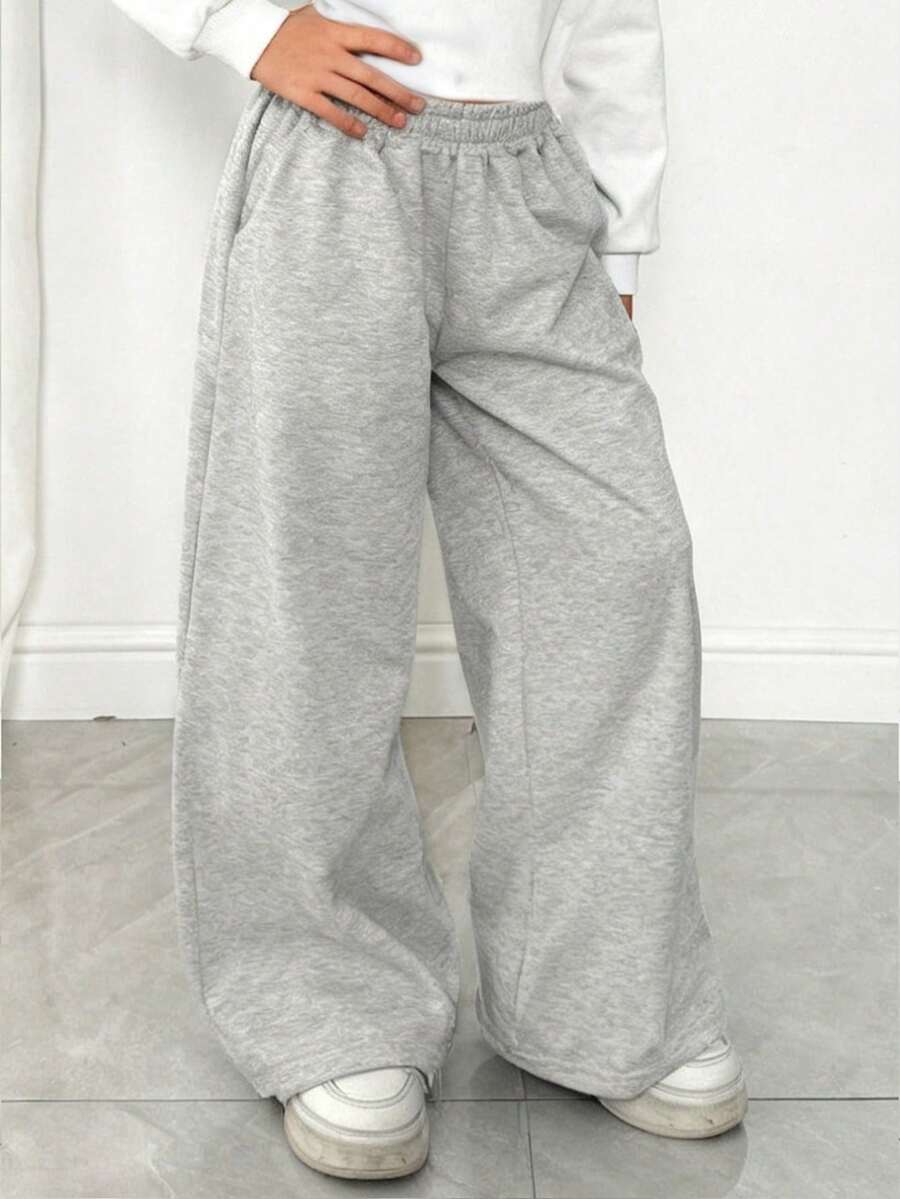 1pc Girls Casual Elastic Waist Loose Straight Pants, Comfortable All-Match Autumn/Winter - رمادي فاتح - مشاهدة 1
