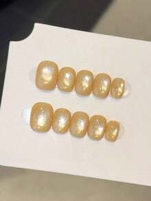 10pcs Handmade Press On Nails Short Oval Nails Purple Nails Y2k Simple Gentle Style Eye Solid Color Fine Shimmer Women And Girls Fall Winter Festivals Party Daily Life Use - Màu vàng - Xem 13