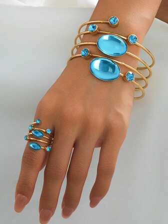 一套简约时尚多层线条水钻手链和戒指首饰套装，情人节送给女性的礼物