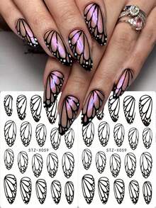 FULL BEAUTY 2pcs Black Butterfly Wing Nail Sticker Elegant Charms Wings Nail Art Decals Wedding Self-Adhesive Slider Decorations Accessories Manicure - 黑色 - 查看 2