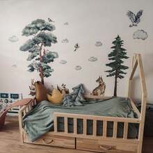 一套大型树鸟墙贴，适用于卧室、客厅，丛林森林松树动物林地墙贴，家居装饰 - 彩色 - 查看 5