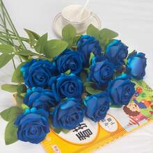 12 szt. niebieskich róż, sztuczne kwiaty, prawdziwe aksamitne kwiaty z łodygami, hurtowo do dekoracji domu DIY, na wesele, imprezę, walentynkowe prezenty, sztuczna róża - Niebieski - Zobacz 8