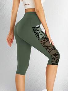 高腰橄榄绿紧身裤，网眼拼接设计，女士健身紧身裤，带安全手机口袋，时尚中长瑜伽裤 - 軍綠色 - 查看 3